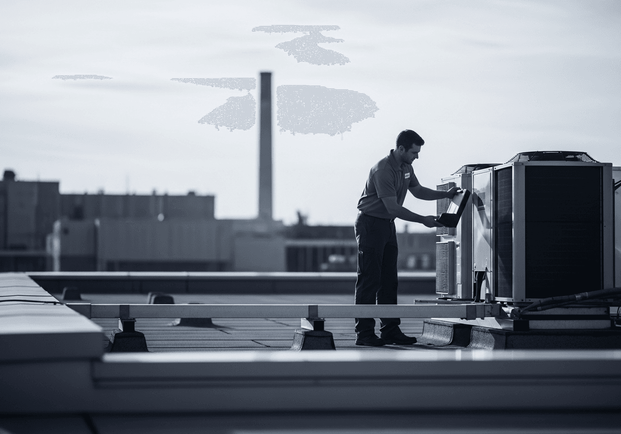 Field-service technician inspecting rooftop equipment